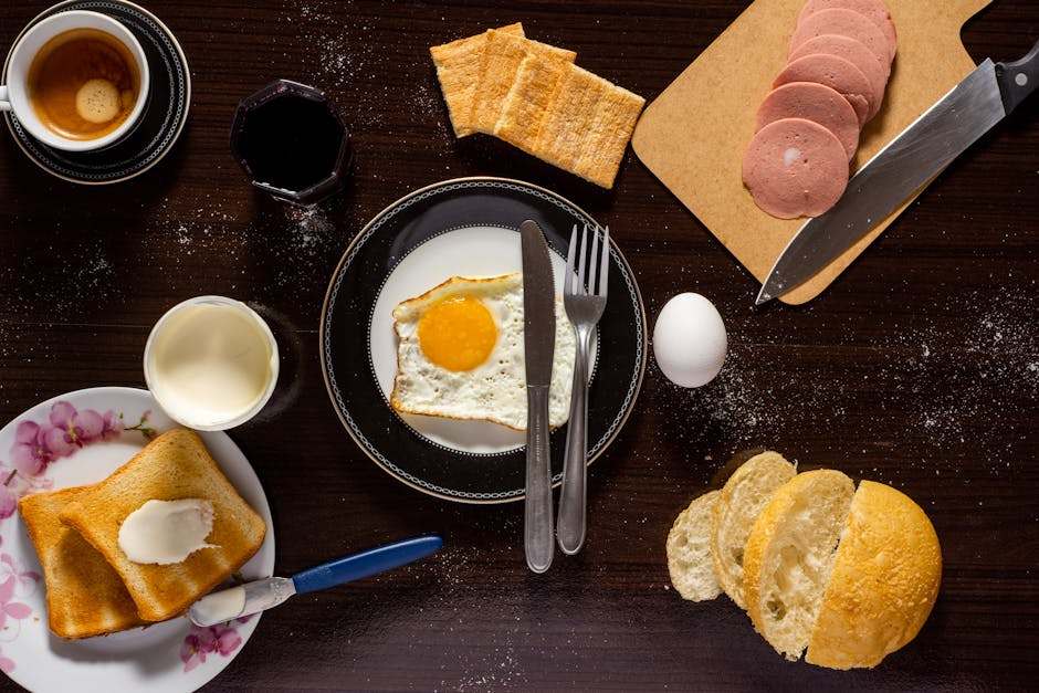 Food Aesthetics - A top view of a breakfast spread with eggs, toas #1448722