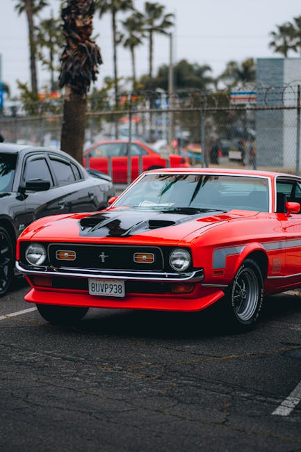 Luxury Cars - Classic red Mustang parked outdoors, embodying A #33419719