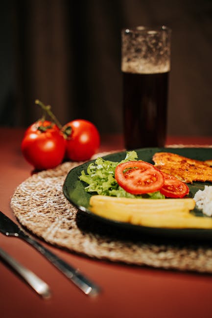 Food Aesthetics - A cozy dinner table with grilled chicken, fries, #34521021